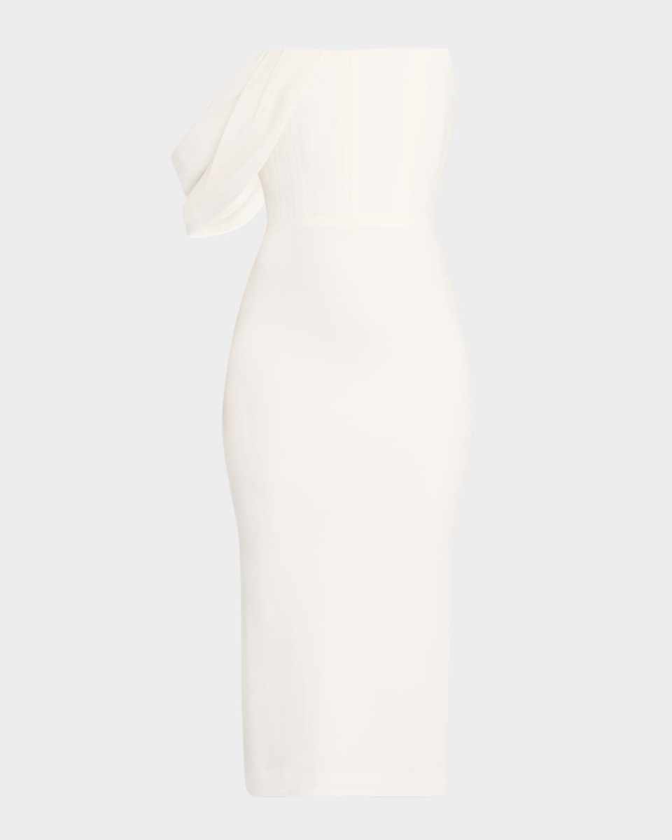 Draped-Sleeve Corset Crepe Midi Dress